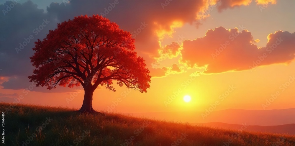 The soft glow of sunset illuminates a lone tree against a warm autumn sky, peaceful, natural light The soft glow of sunset illuminates a lone tree against a warm autumn sky, peaceful, natural light