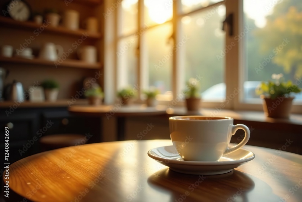 Morning coffee cups stacked on a table in a cozy coffee shop, morning light, warm atmosphere Morning coffee cups stacked on a table in a cozy coffee shop, morning light, warm atmosphere