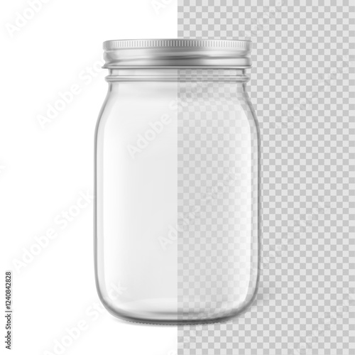 Clear mason jar mockup for food, diy. Hight realistic vector illustration isolated on white and transparent  background. Perfect for easy customisation and editing your design. EPS10.