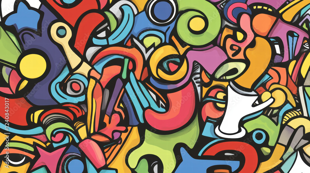 Naklejka premium vibrant and playful mix of doodle shapes in bright colors creates inviting and energetic atmosphere, perfect for inspiring creativity and joy