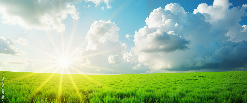 Sunshine over green grass field under blue sky with clouds Sunshine over green grass field under blue sky with clouds