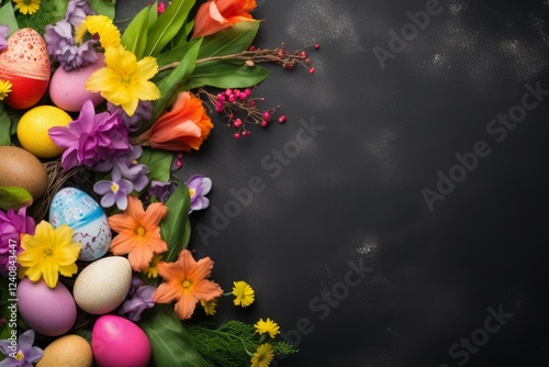 Wallpaper Mural Easter eggs and spring flowers creating a vibrant celebratory border on a dark background, perfect for easter projects Torontodigital.ca