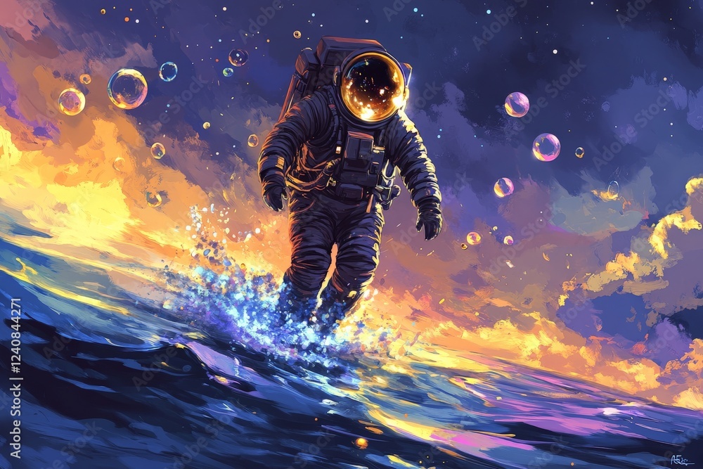 Obraz premium Astronaut walking on water during a vibrant sunset with bubbles floating in the air