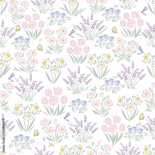 Seamless pattern of flower fields with tulips, lavender, moss, daffodils, pansies.