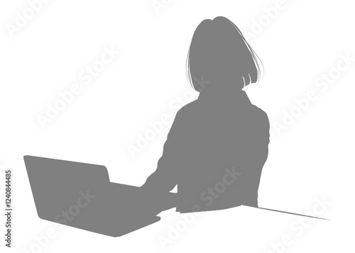 ノートパソコンでタイピングをする日本人女性のシルエット 上半身正面