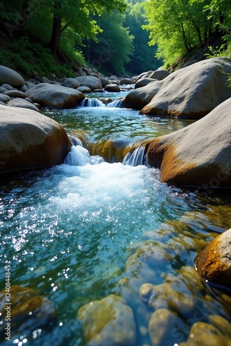 Clear blue water flowing over rounded pebbles and smooth rocks, nature, natural scenery, England