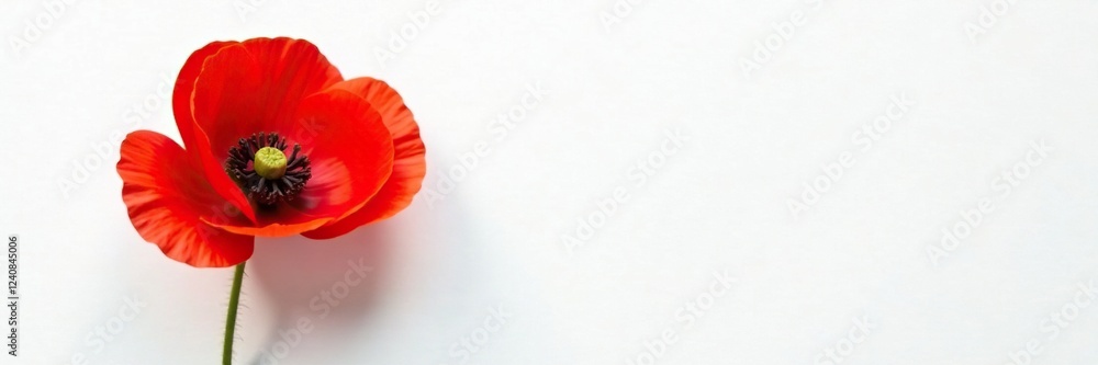 Red poppy with green stem on a white background with subtle texture, stem, flower Red poppy with green stem on a white background with subtle texture, stem, flower