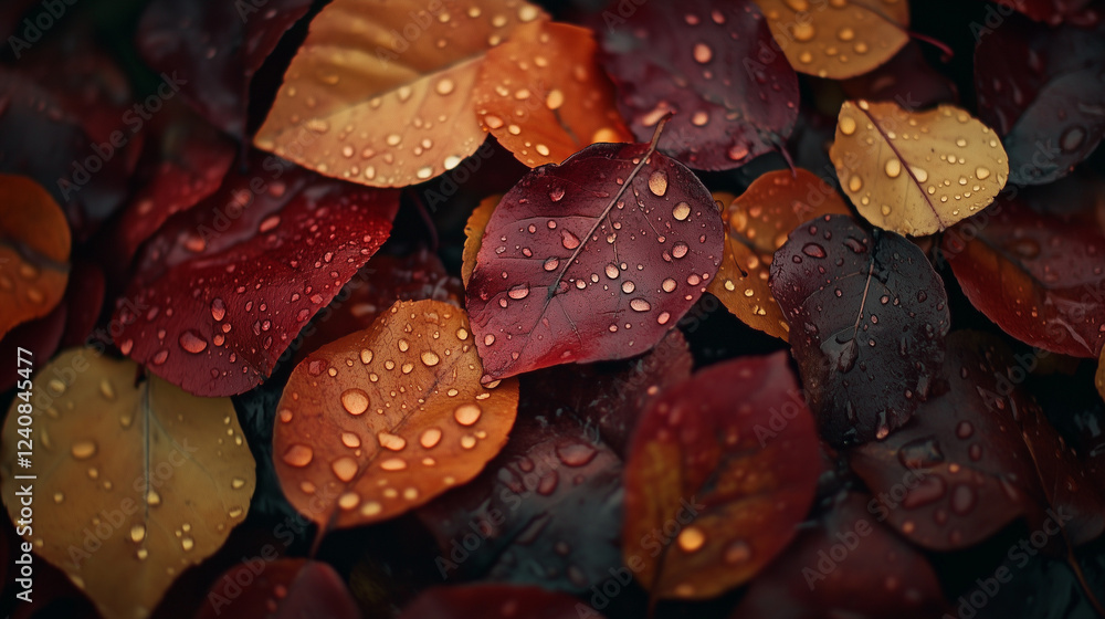 Close-up of wet autumn leaves with water droplets, emphasizing rich fall colors and seasonal texture. Close-up of wet autumn leaves with water droplets, emphasizing rich fall colors and seasonal texture.