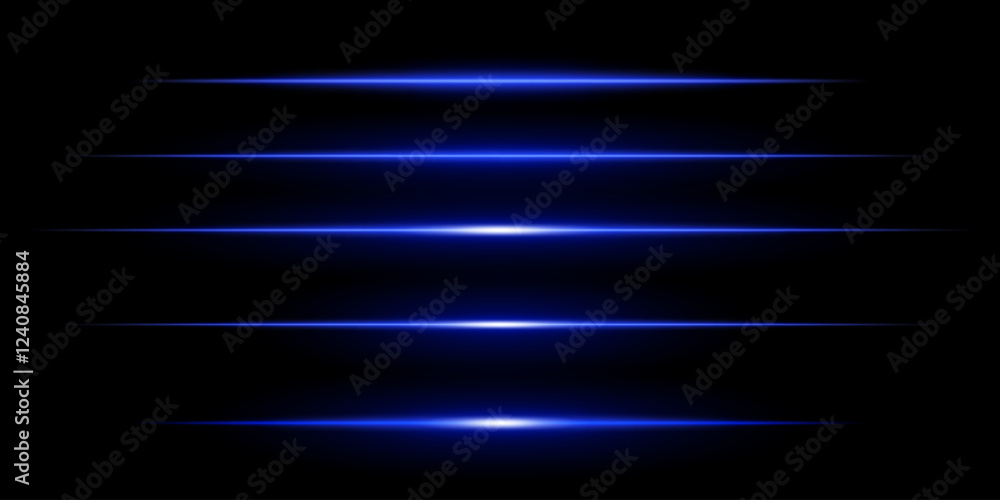 Glowing horizontal blue light set. Bright neon laser lines on a dark background. Futuristic technology, sci-fi elements, digital energy beams, abstract light streaks. Modern cyberpunk high-tech design Glowing horizontal blue light set. Bright neon laser lines on a dark background. Futuristic technology, sci-fi elements, digital energy beams, abstract light streaks. Modern cyberpunk high-tech design