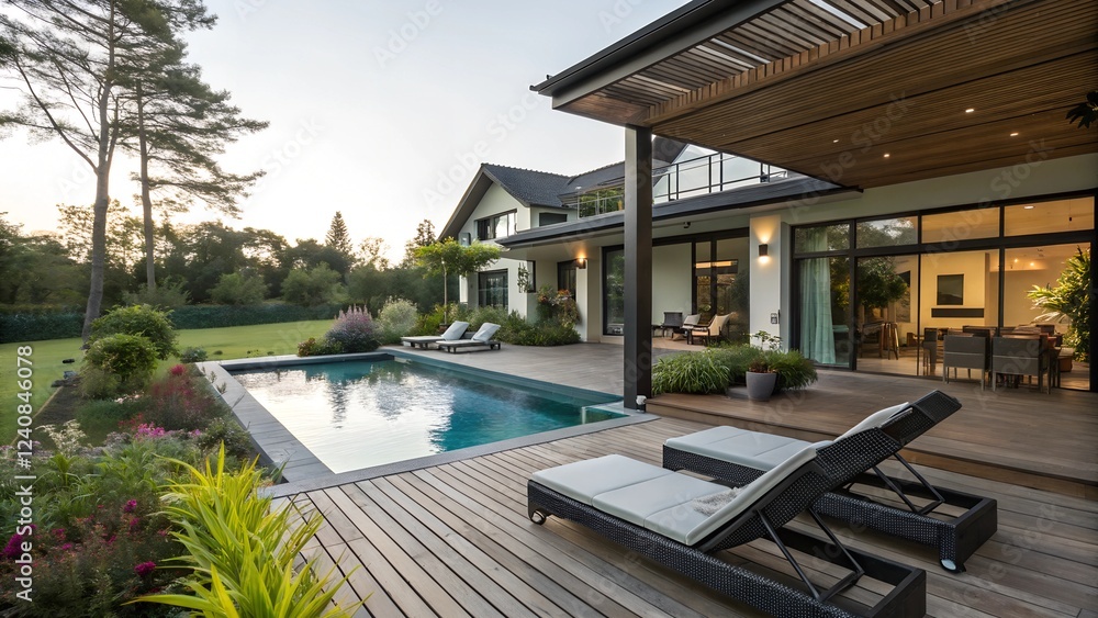 Fototapeta premium Amazing deck and pool in modern home backyard