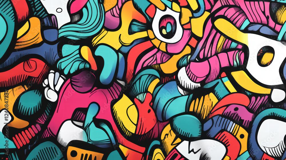 Obraz premium Bright and fun doodle shapes creatively designed with vibrant colors and playful patterns, showcasing lively and artistic expression