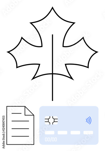 Minimalist maple leaf outline above document and contactless credit card icons. Ideal for banking, fintech, e-payments, digital identity, Canadian economy, eco-business, abstract line flat metaphor