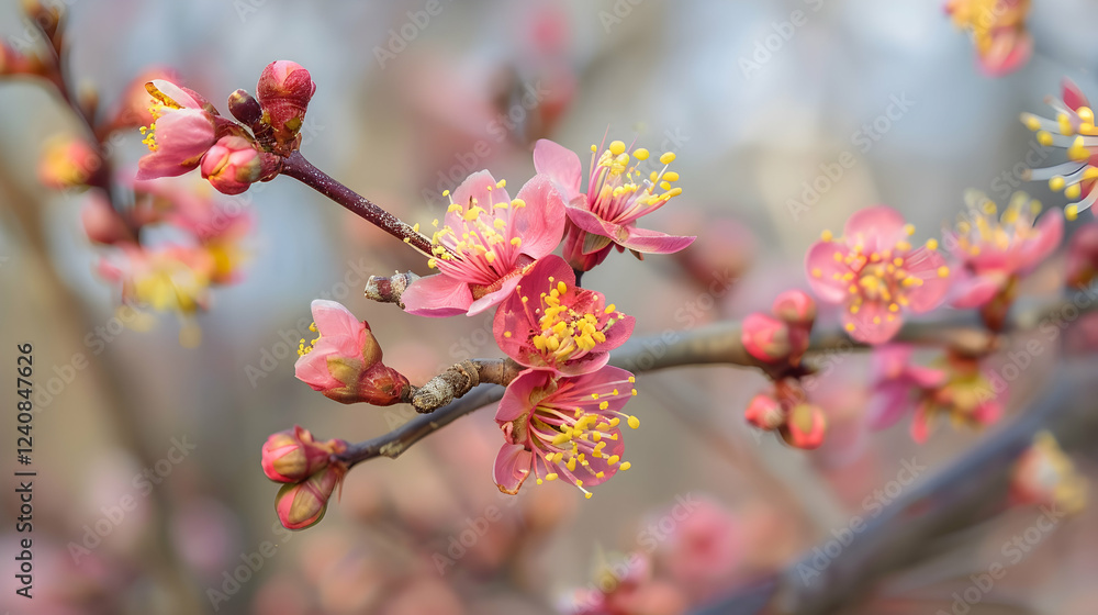 Close-up of delicate pink cherry blossoms blooming on branches in a serene natural setting