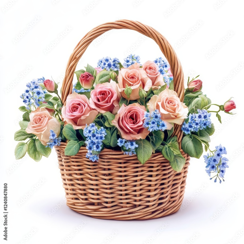 basket with roses, pink, cream shades and blue forget-me-nots isolated on white background, front view, romantic gift, photo basket with roses, pink, cream shades and blue forget-me-nots isolated on white background, front view, romantic gift, photo