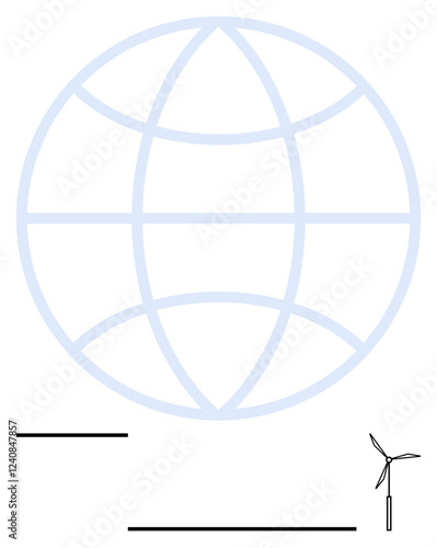 Globe outline behind a wind turbine, horizontal bars indicating progress and innovation. Ideal for sustainability, energy, technology, environment, global collaboration, clean energy, abstract line