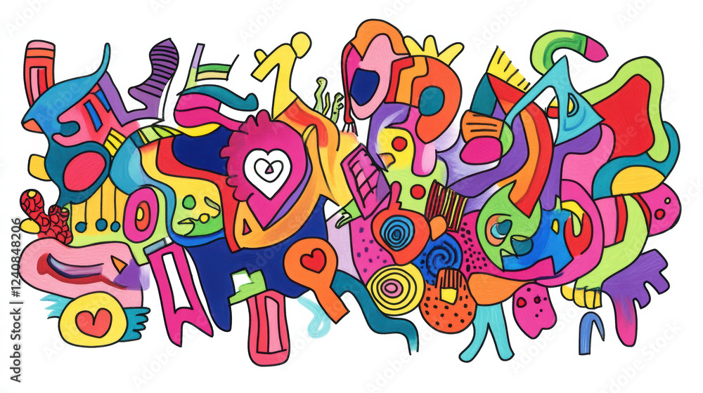 Obraz premium Colorful abstract doodle shapes arranged in vibrant composition, showcasing playful designs and lively colors that evoke creativity and joy