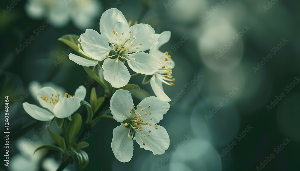 Obraz premium Delicate white blossoms in soft focus, surrounded by a dreamy bokeh background, evoking tranquility