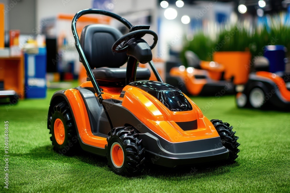 Brightly Lit Showroom Display Featuring a Modern Lawn Mower Set Against a Vivid Green Grass Backdrop in a Retail Environment Brightly Lit Showroom Display Featuring a Modern Lawn Mower Set Against a Vivid Green Grass Backdrop in a Retail Environment