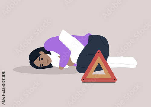 Character expresses distress through artistic warning triangle metaphor representing emotional struggle and vulnerability in a serene setting