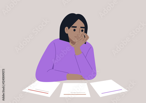 A young character sits thoughtfully at a table, analyzing multiple blank sheets of paper, lost in their considerations about potential paths and decisions to take in life
