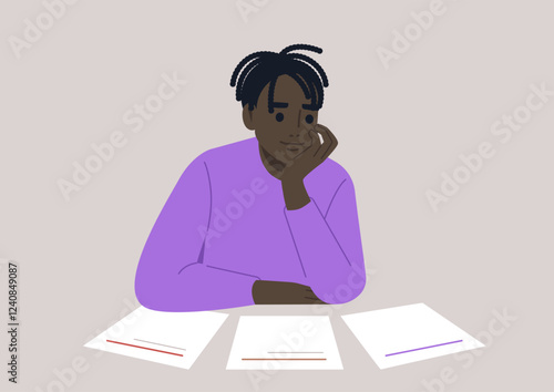 A young character sits thoughtfully at a table, analyzing multiple blank sheets of paper, lost in their considerations about potential paths and decisions to take in life