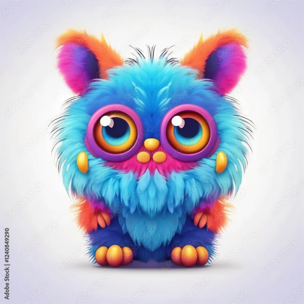 Fototapeta premium Cute colorful fluffy monster with big eyes and ears with fur