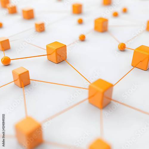 3D orange network with blocks and connections on a white background** 