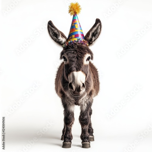 donkey wearing a birthday hat, isolated on a white background,  photo.