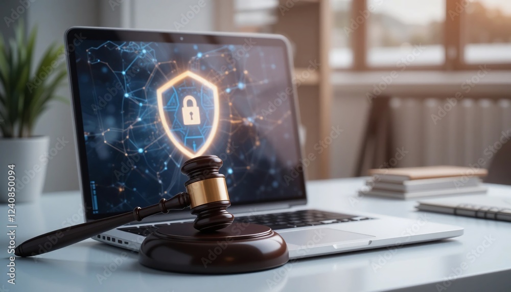 Cyber Security Law Gavel and Laptop with Digital Shield Icon