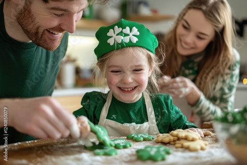 Family baking fun with green themed cookies for st. patrick's day celebration