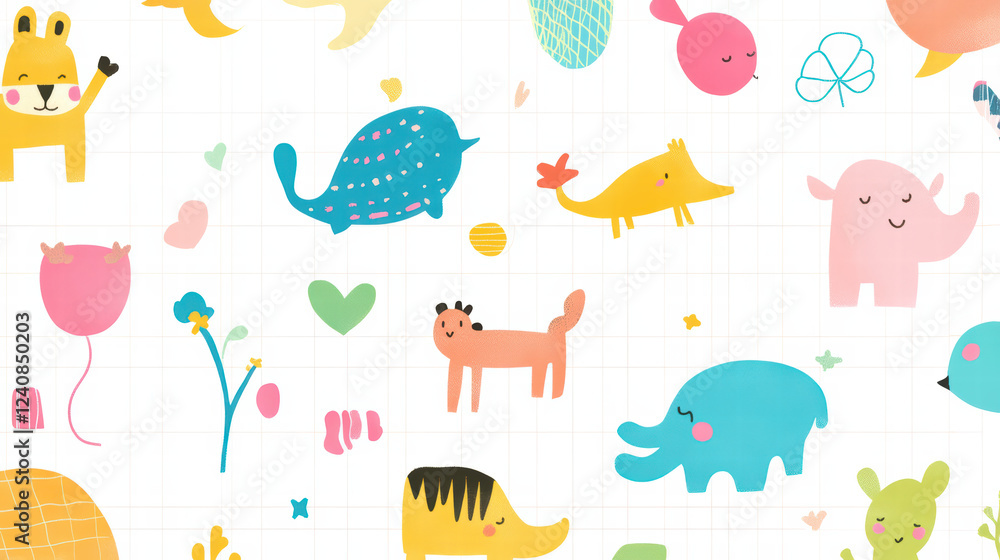 Cute and colorful animal illustrations in playful pattern, featuring various shapes and designs. This vibrant artwork is perfect for children decor or playful projects Cute and colorful animal illustrations in playful pattern, featuring various shapes and designs. This vibrant artwork is perfect for children decor or playful projects