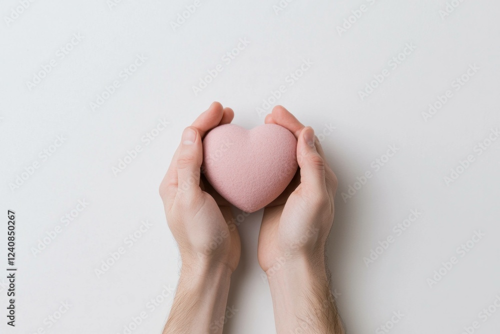 A pair of hands holding a soft pink heart shaped object, symbolizing love and care, against a minimalistic white background, perfect for conveying warmth and affection A pair of hands holding a soft pink heart shaped object, symbolizing love and care, against a minimalistic white background, perfect for conveying warmth and affection