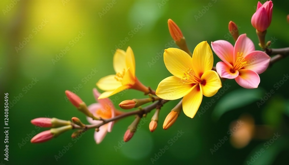 Yellow and pink blooms intertwined with greenery, branch, garden, flowers Yellow and pink blooms intertwined with greenery, branch, garden, flowers