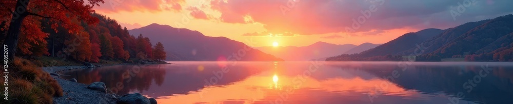 Fototapeta premium Serene lake at sunrise during autumnal equinox, autumnal colours, rise of sun
