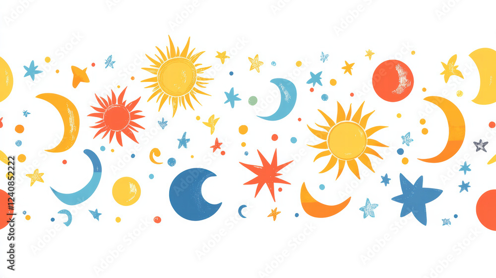Fototapeta premium Bright and colorful celestial patterns featuring suns, moons, and stars create whimsical design. This vibrant artwork is perfect for various creative projects