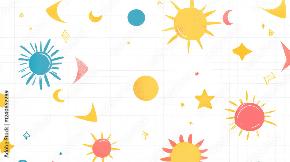 Colorful abstract pattern featuring suns, moons, and stars on grid background, creating playful and cheerful atmosphere. Perfect for children designs or vibrant decor Colorful abstract pattern featuring suns, moons, and stars on grid background, creating playful and cheerful atmosphere. Perfect for children designs or vibrant decor