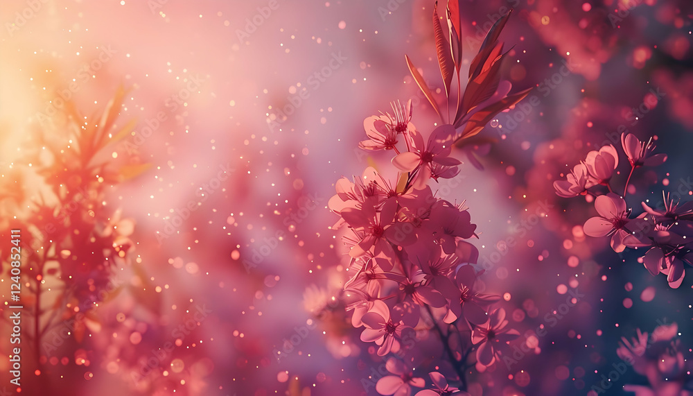 Beautiful spring blossoms illuminated by soft sunlight, creating a dreamy atmosphere with bokeh