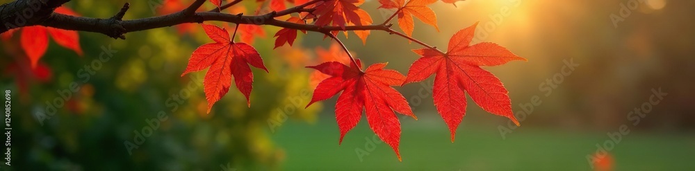 Scarlet leaves on oak branches with morning dew, oak tree, natural wonder, greenery Scarlet leaves on oak branches with morning dew, oak tree, natural wonder, greenery