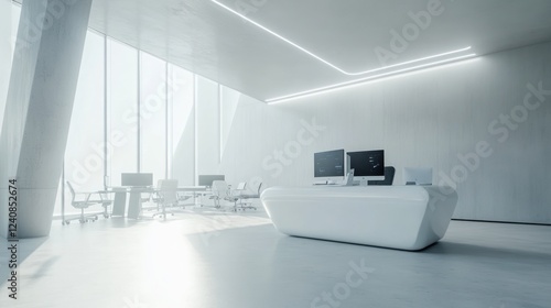 Modern office interior, bright sunlight, city view, for presentation photo