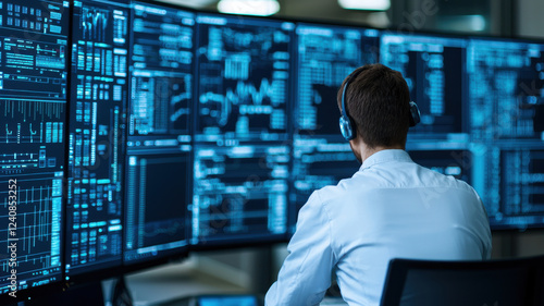 AI in Business and Industry Concept, Data analyst working with multiple screens in modern office environment