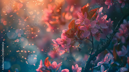A vibrant close-up of blooming pink flowers under soft sunlight with bokeh effects
