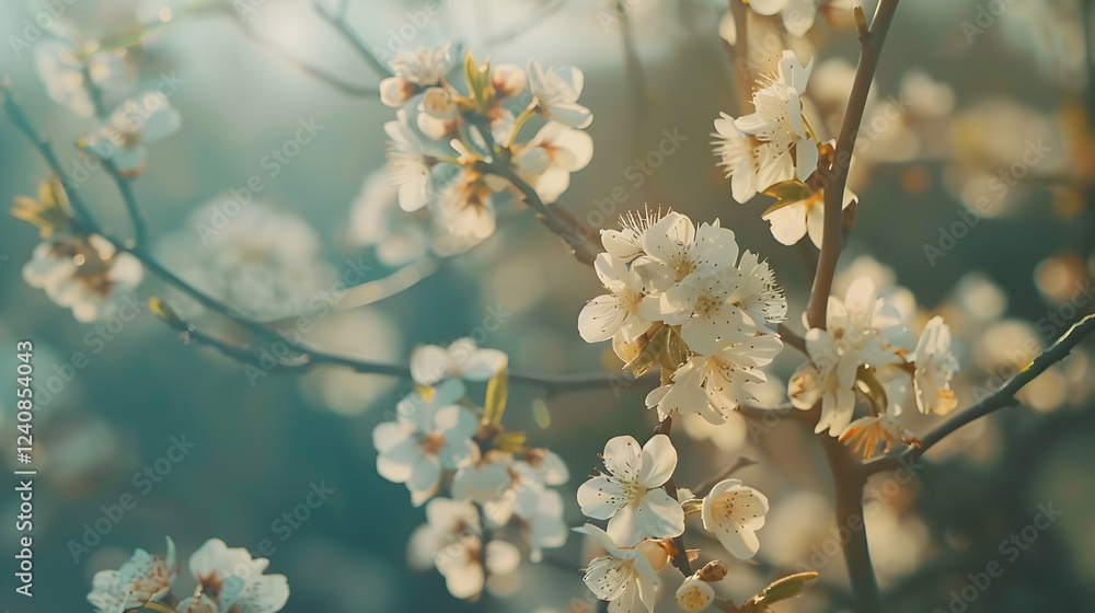 Delicate white cherry blossoms in soft sunlight, creating a serene spring atmosphere Delicate white cherry blossoms in soft sunlight, creating a serene spring atmosphere