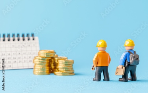 Two construction figures observe a stack of coins and a calendar, symbolizing budgeting and project timelines in construction.