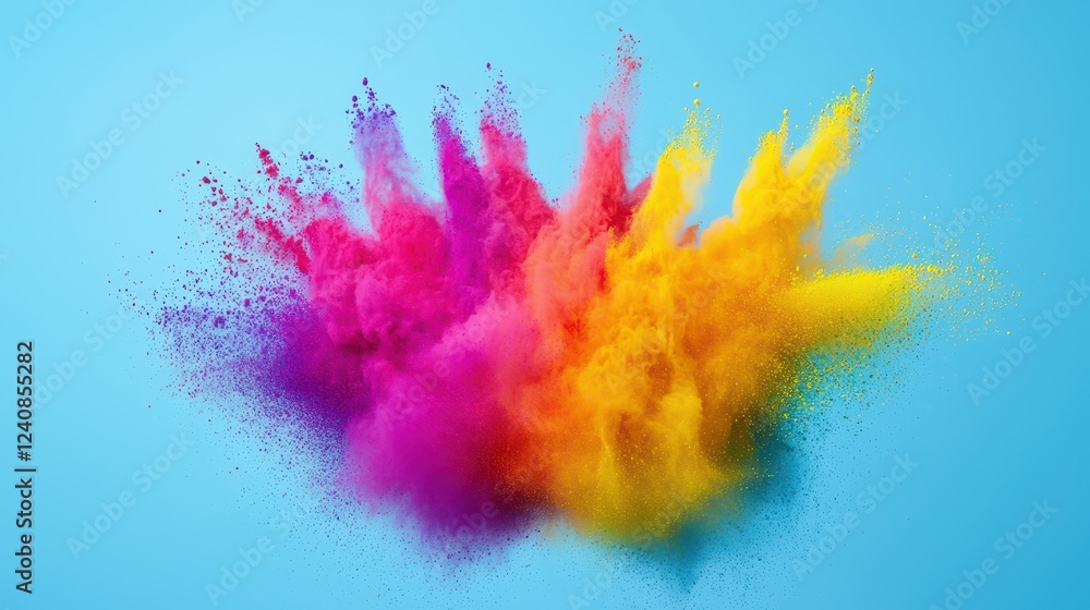 Obraz premium A vibrant explosion of colored powder creates a dynamic and artistic effect against a blue background.
