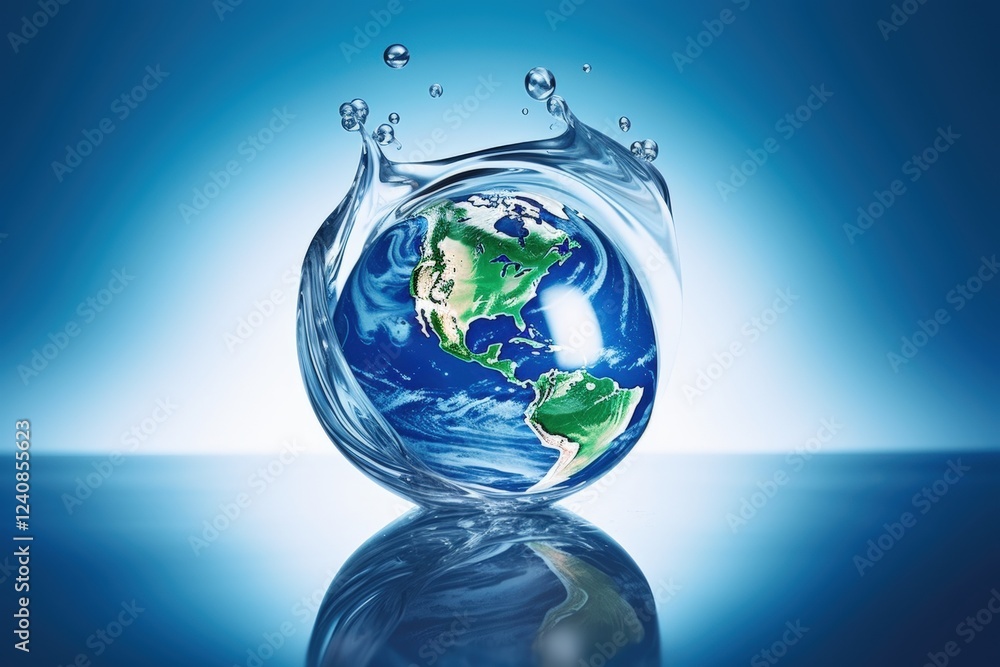 A Stunning Representation of Earth Surrounded by Water Symbolizing Global Awareness and the Importance of Water Conservation on World Water Day A Stunning Representation of Earth Surrounded by Water Symbolizing Global Awareness and the Importance of Water Conservation on World Water Day