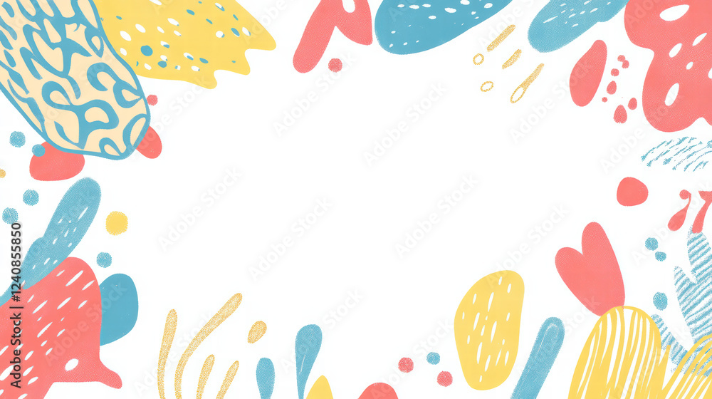Colorful hand drawn doodle shapes filled with patterns create vibrant border around blank space, perfect for creative projects or invitations Colorful hand drawn doodle shapes filled with patterns create vibrant border around blank space, perfect for creative projects or invitations