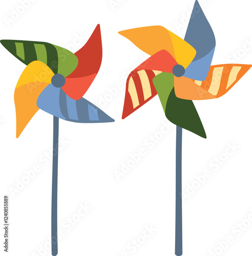 Two paper pinwheel toys isolated on white background. Cute colorful children's toy on a stick