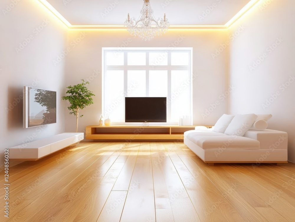 Fototapeta premium A cozy living room featuring a comfortable couch, television, and a window