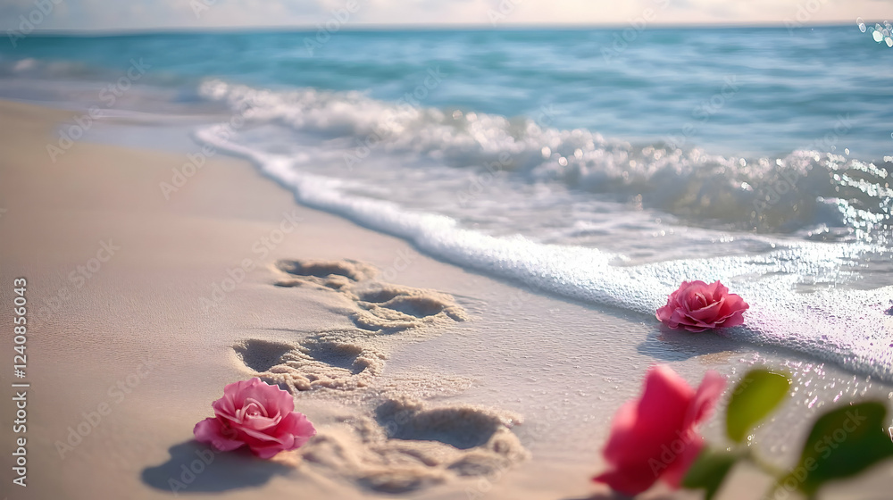 Footprints on the beach beside delicate roses symbolize the journey of love and nature's beauty during a serene afternoon Footprints on the beach beside delicate roses symbolize the journey of love and nature's beauty during a serene afternoon