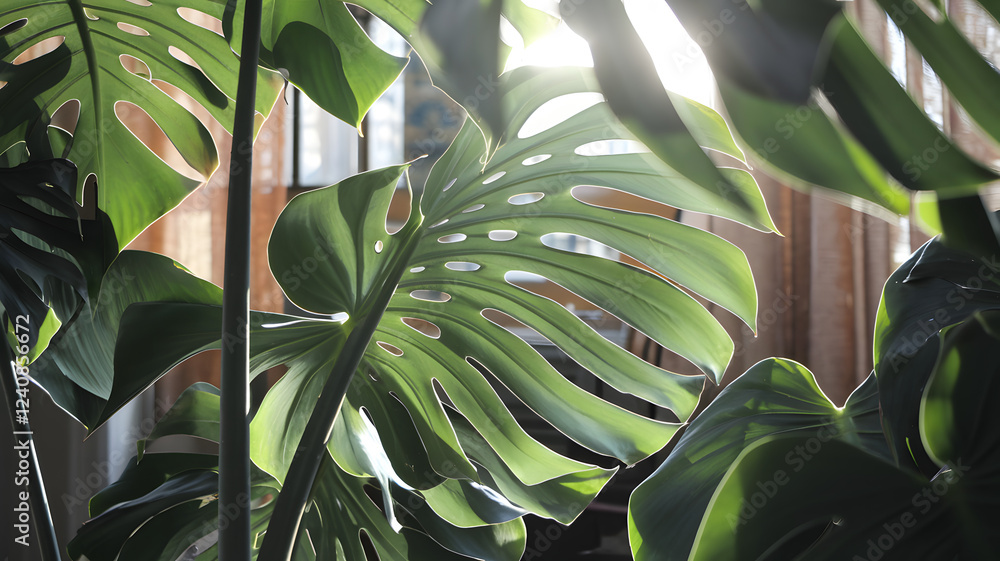 Fototapeta Monstera leaves framed by soft sunlight.